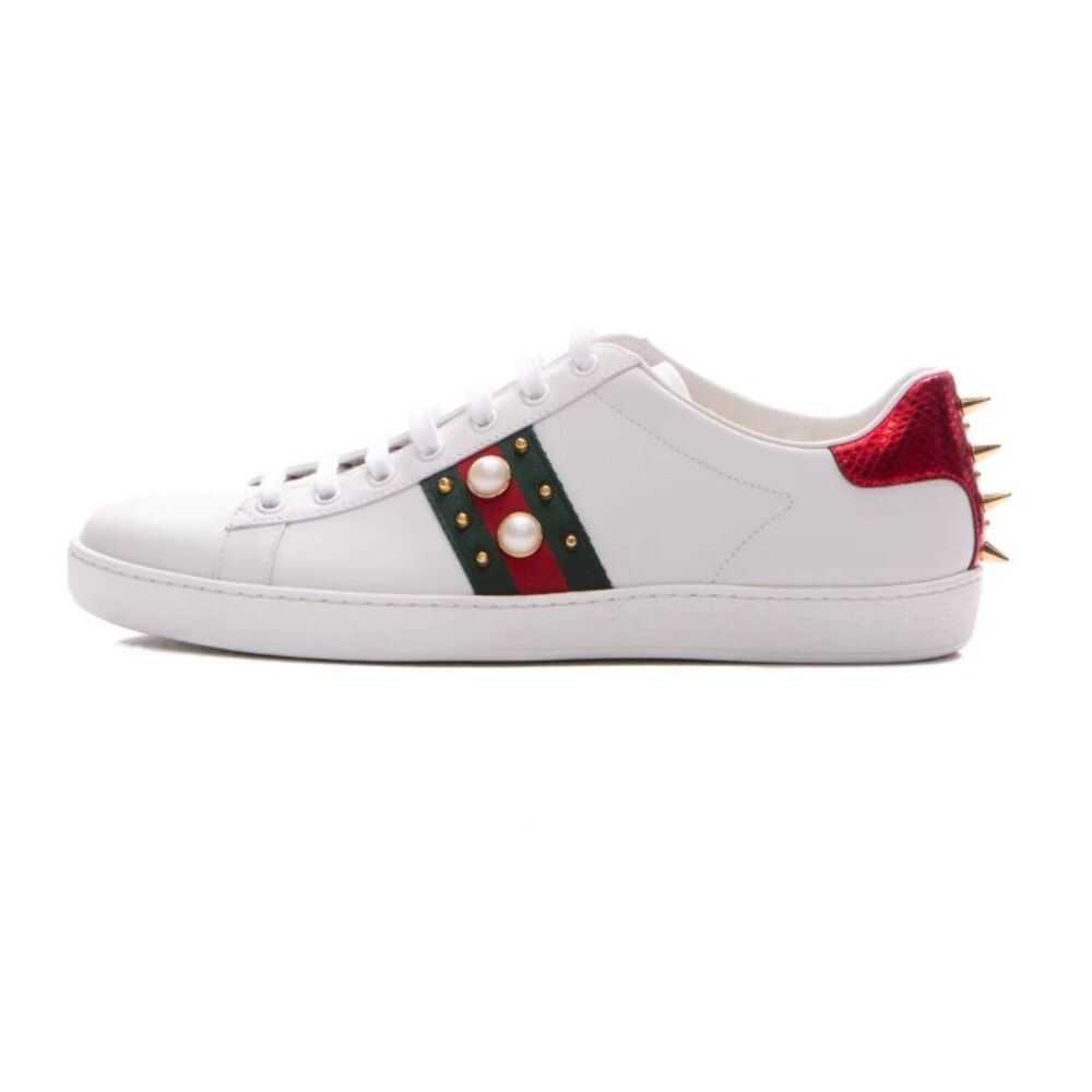 Gucci Women's Ace Studded Pearl Sneakers White Size 7.5 Athletic Shoes - Picture 4 of 14